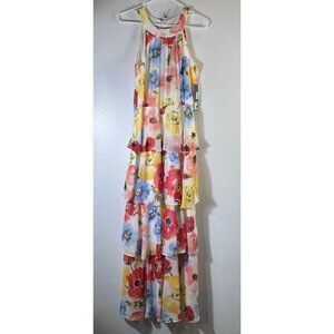 Womens Leslie Fay Floral Maxi Dress Ruffles White‎ Yellow 8